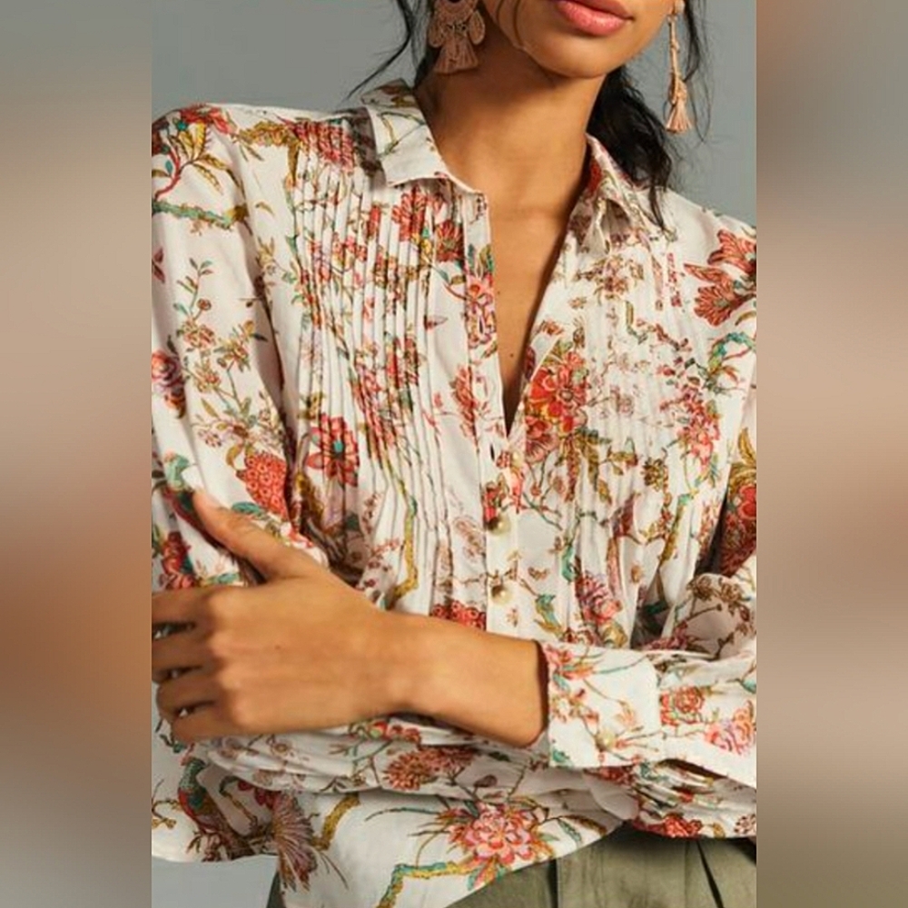 Anthropologie Pilcro Floral Bird Long Sleeve Size Small Cotton Blend - Picture 1 of 10